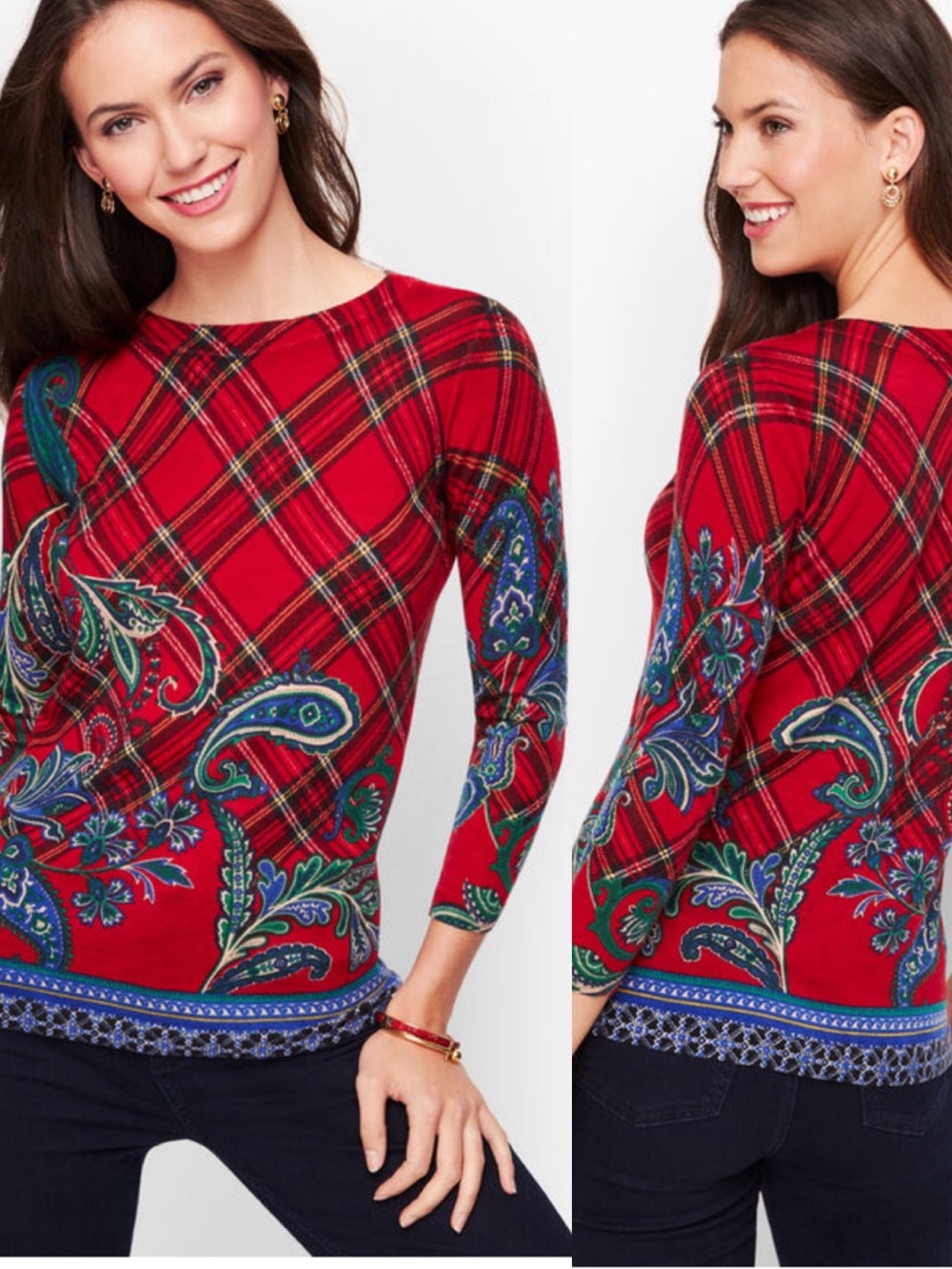 TALBOTS Paisley & Plaid 100% Merino Wool Sweater Lightweight Holiday Size Small